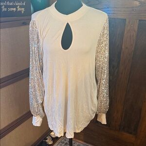 Maurices Cream Blouse with Silver Sequin Sleeves